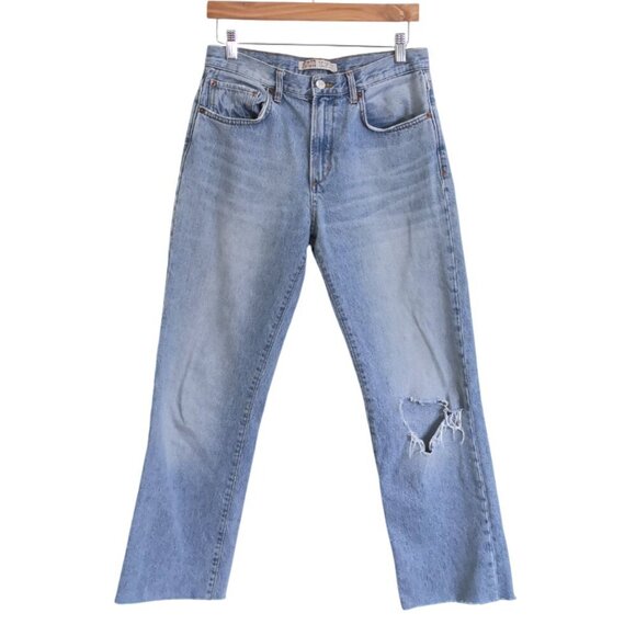 ZARA Basic Distressed Ripped Jeans Straight Leg Light Wash Size 6 - Picture 1 of 4